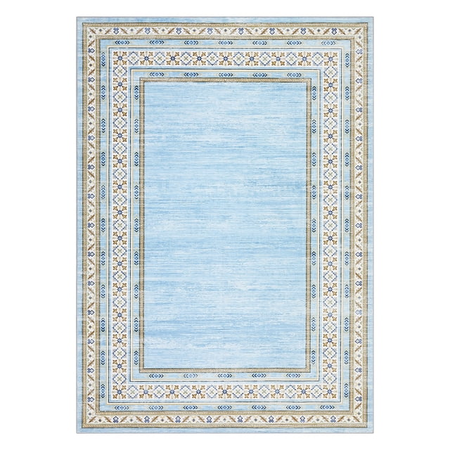Washable Area Rug - Modern Soft Low Pile Carpet, Non-Slip & Collapsible, Mark Resistant - For Living Room, Bedroom, Dining Room - Light Blue, 5x7ft