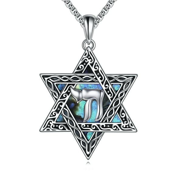 Star of David Jewish Necklace for Women Men Sterling Silver Chai Abalone Shell Pendant Jewish Jewelry