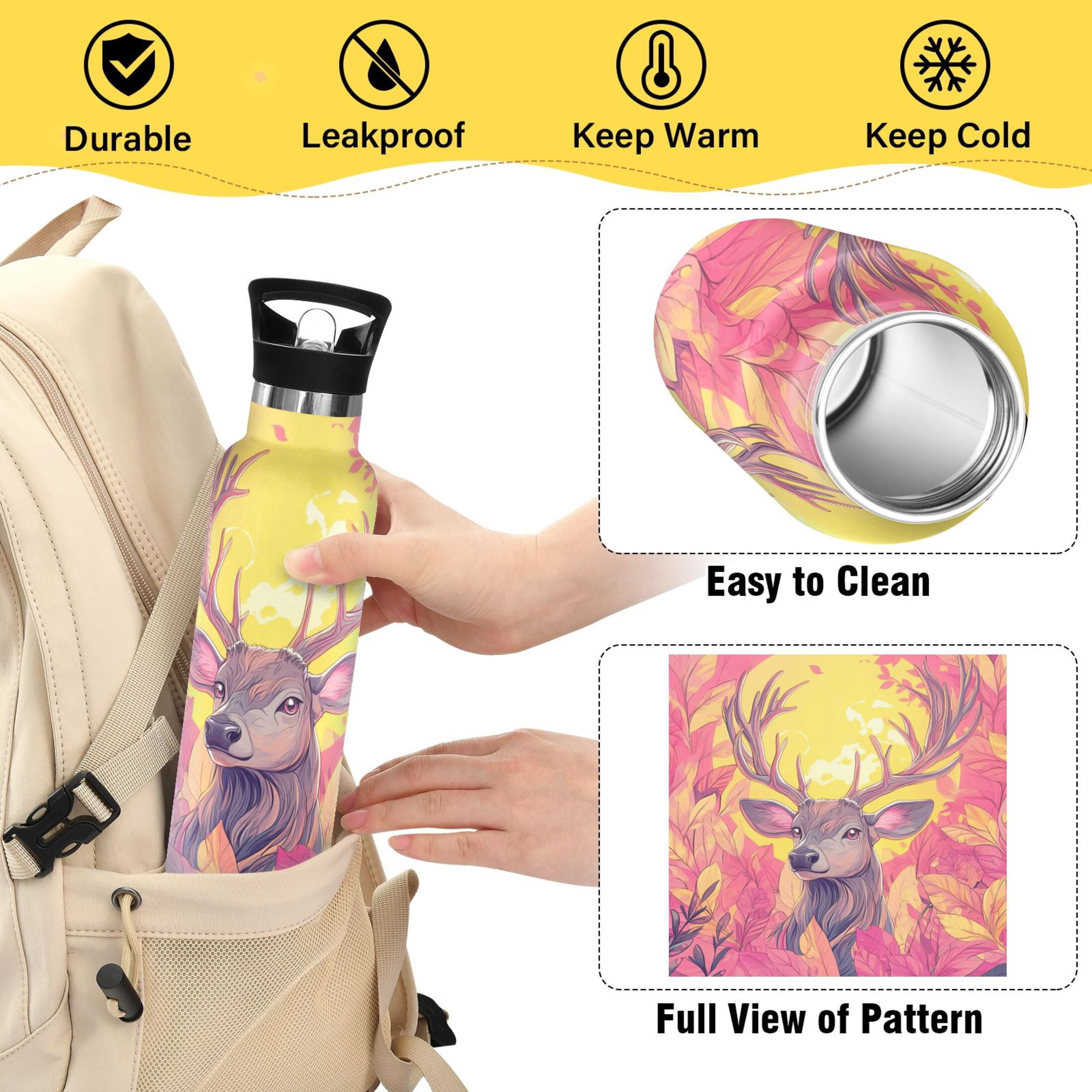 Kids Insulated Stainless Steel Sports Water Bottle 600ml (20oz), BPA-Free Deer with Massive Antlers