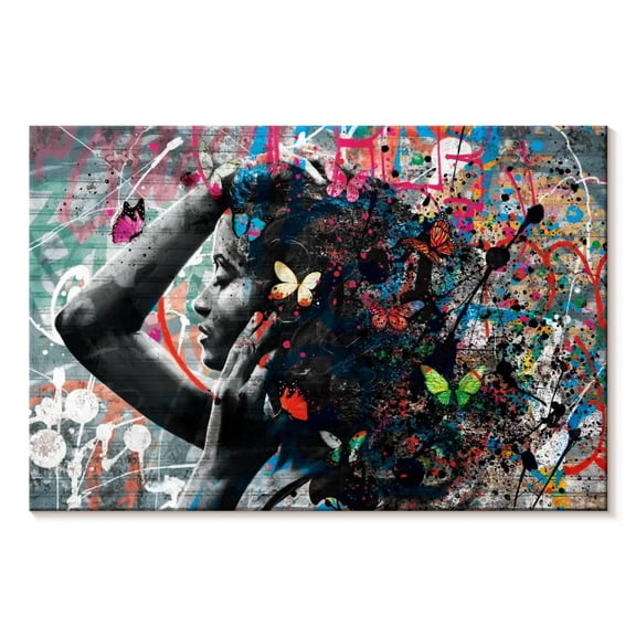 Elephant Stock Woman With Butterflies Wall Art - Horizontal Canvas Wall Art - Living Room Wall Decor - People Canvas - Black And Gray Decor - 12" x 8"