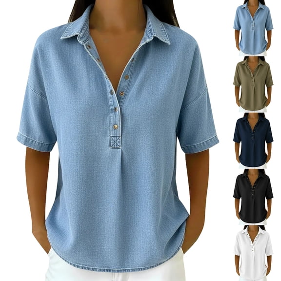 Womens Denim Shirts Short Sleeve Button Down Women Collared Shirts for Women Chambray Shirt