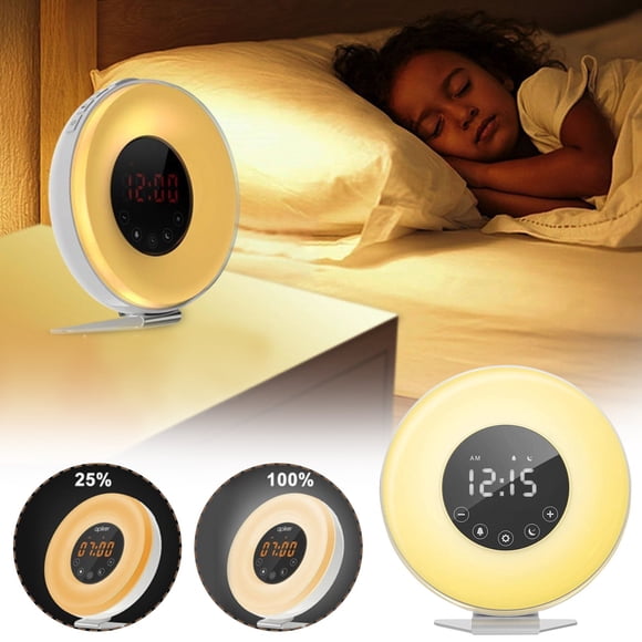 WIFKLSIIPG Sunrise Alarm Clock Digital LED Clock with 6 Color and FM for Bedrooms Multiple Nature Sounds Sunset & Control with Snooze Function for Heavy S(White)