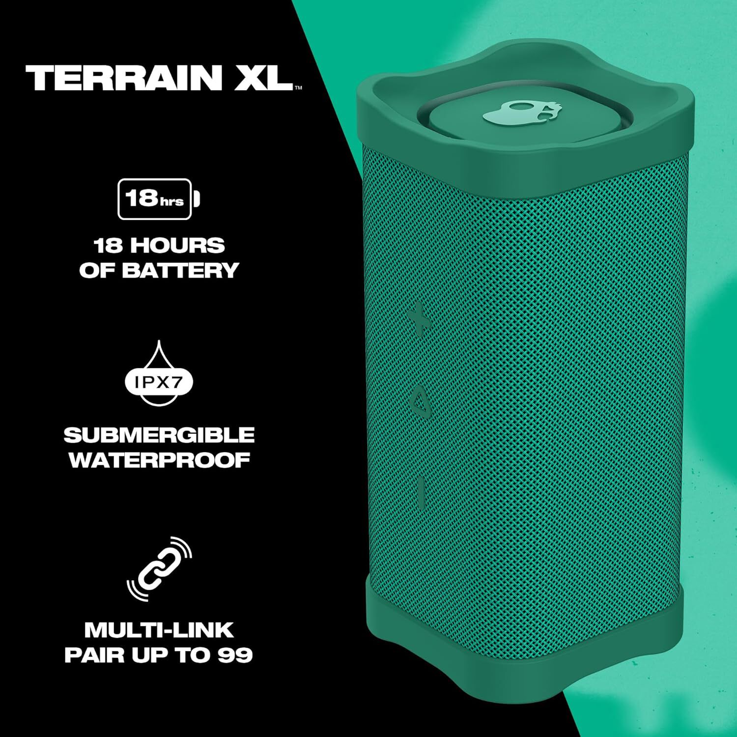 Skullcandy Terrain XL Bluetooth Speaker, IPX7 Waterproof, 18-Hour Battery, True Wireless Stereo, Nylon Wrist Strap