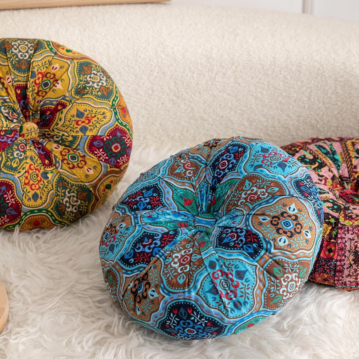 Monebena Round Floor Pillow Cushion Pleated Throw Pillows Boho Printed Accent Pumpkin Decorative Throw Pillows with Button Cotton Linen Pillow Cushion for Sofa Couch Vanity Chair Bed Diameter 14"