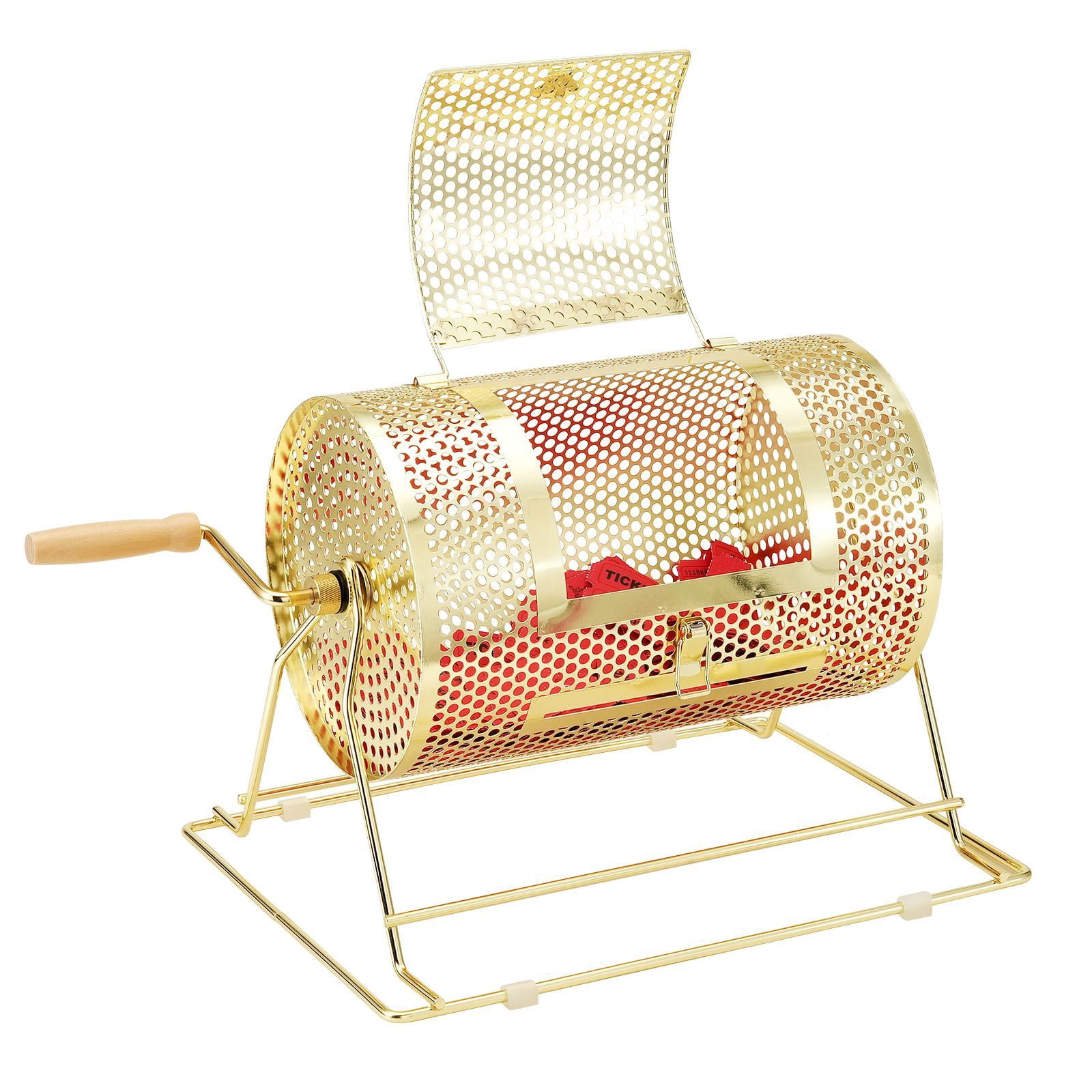 Raffle Drum, Holds 2500 Tickets or 100 Ping Pong Balls, Metal Lottery Spinning Drawing with Wooden Turning Handle,11.6 x Ø7.48 inch Brass Plated Raffle Ticket Spinning Cage, for Bingo Ballot