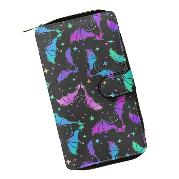 Xoenoiee Colorful Bats Pattern PU Leather Women Long Wallet Female Multiple Card Holder Purse Money Bag Clip Card Pack Handbag Casual Small Pouch Change Holder Portable Pouch Wallet Clutch Bag