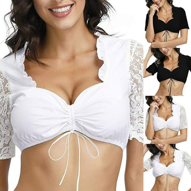 Women's Lace Dirndl Blouse Deep V-neck Tight-fitting Casual Bras for  Cardigan Suits Sweatshirt M White 