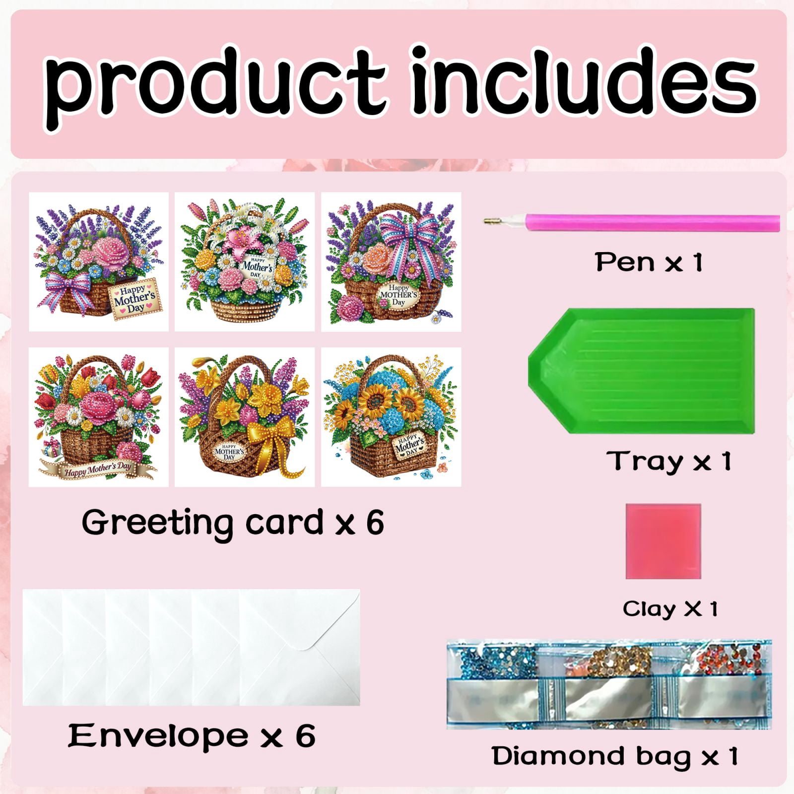 FLOPESN DIY Mother's Day Diamond Art Greeting Card Kit with White Envelope, 5.91X11.81in Flower Basket Theme, Creative Design Blessing Gift Folding Card Set