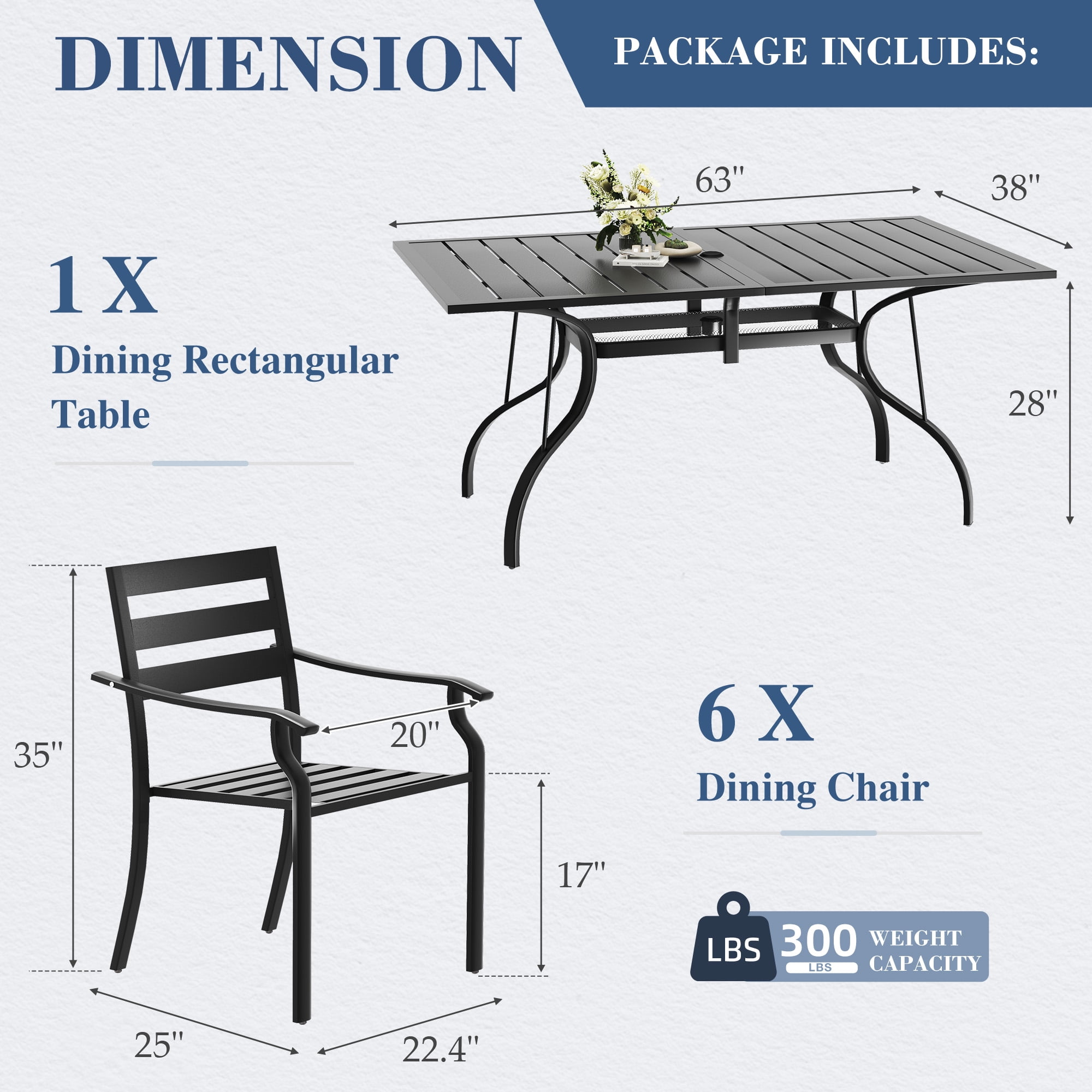 HOMREST 7 Piece Outdoor Patio Dining Set for 6, 63" Rectangular Metal Table with Umbrella Hole and Storage Shelf, Stackable Steel Chairs, Large Patio Furniture Set for Deck/Backyard/Poolside/Garden