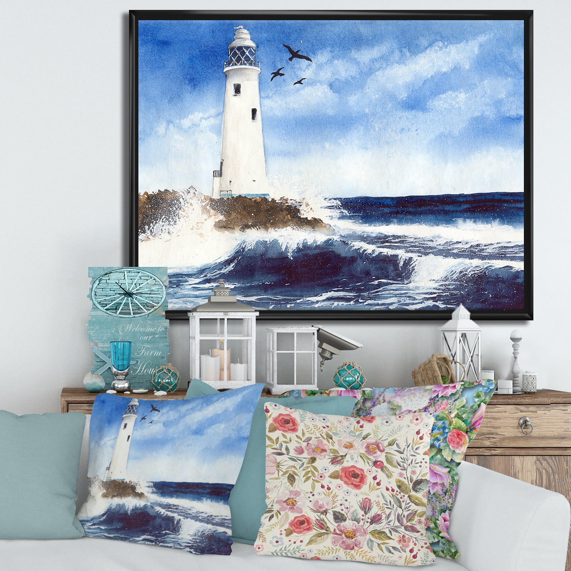 Designart 'Seagulls With Lighthouse On The Rocky Island' Nautical & Coastal Framed Canvas Wall Art Print