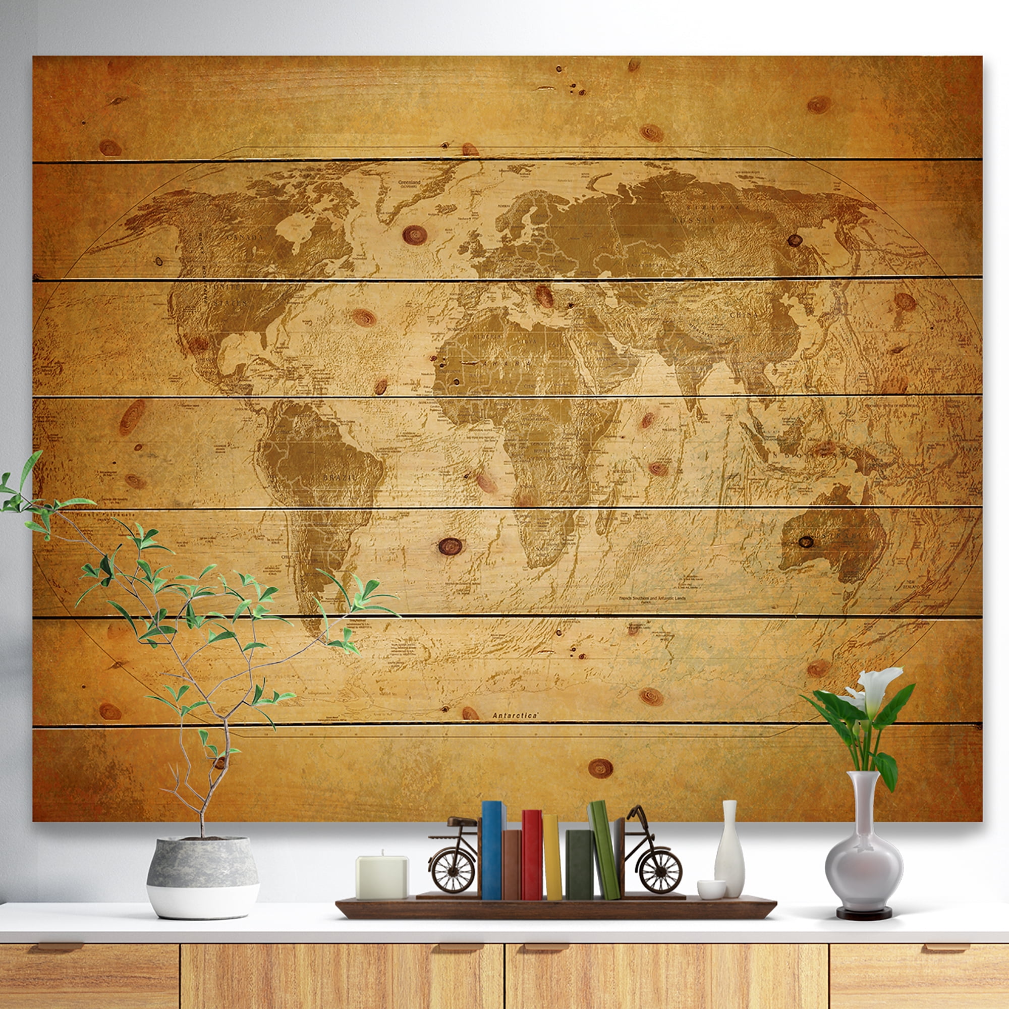 Designart 'Traditional Classic Map' Contemporary Print on Natural Pine Wood
