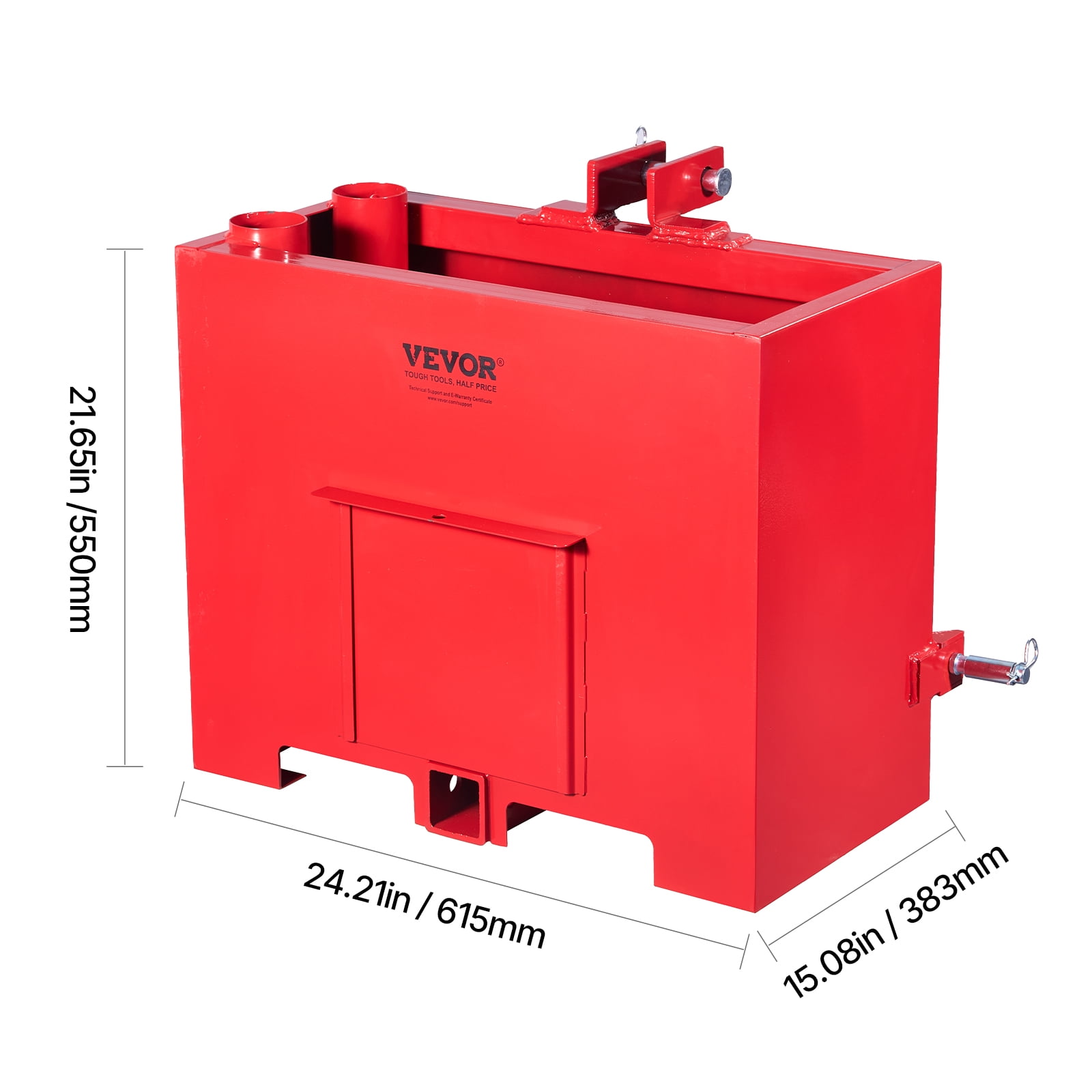 VEVOR Ballast Box, 3-Point Category 1 Tractor Ballast of 800lbs Capacity, for 2 Inch Hitch Receiver, Heavy-Duty Steel 4.3 ft³ Large Volume Loader Attachment with Sliding Door, Red
