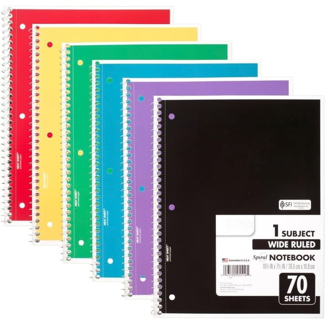 YSTIANN Spiral Notebooks, 6-Pack 1-Subject Wide Ruled - 70 Sheets per Notebook (7.5x10.5 Inch), Assorted Colors for School, Office & College Note Taking WJ85-4096
