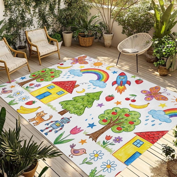 Children's Day Outdoor Rug for Patio/Deck/Porch, Non-Slip Large Area Rug 5 x 7 Ft, Cartoon Painting Rainbow Rocket Butterfly Indoor Outdoor Rugs Washable Area Rugs, Camping Rug Carpet Runner