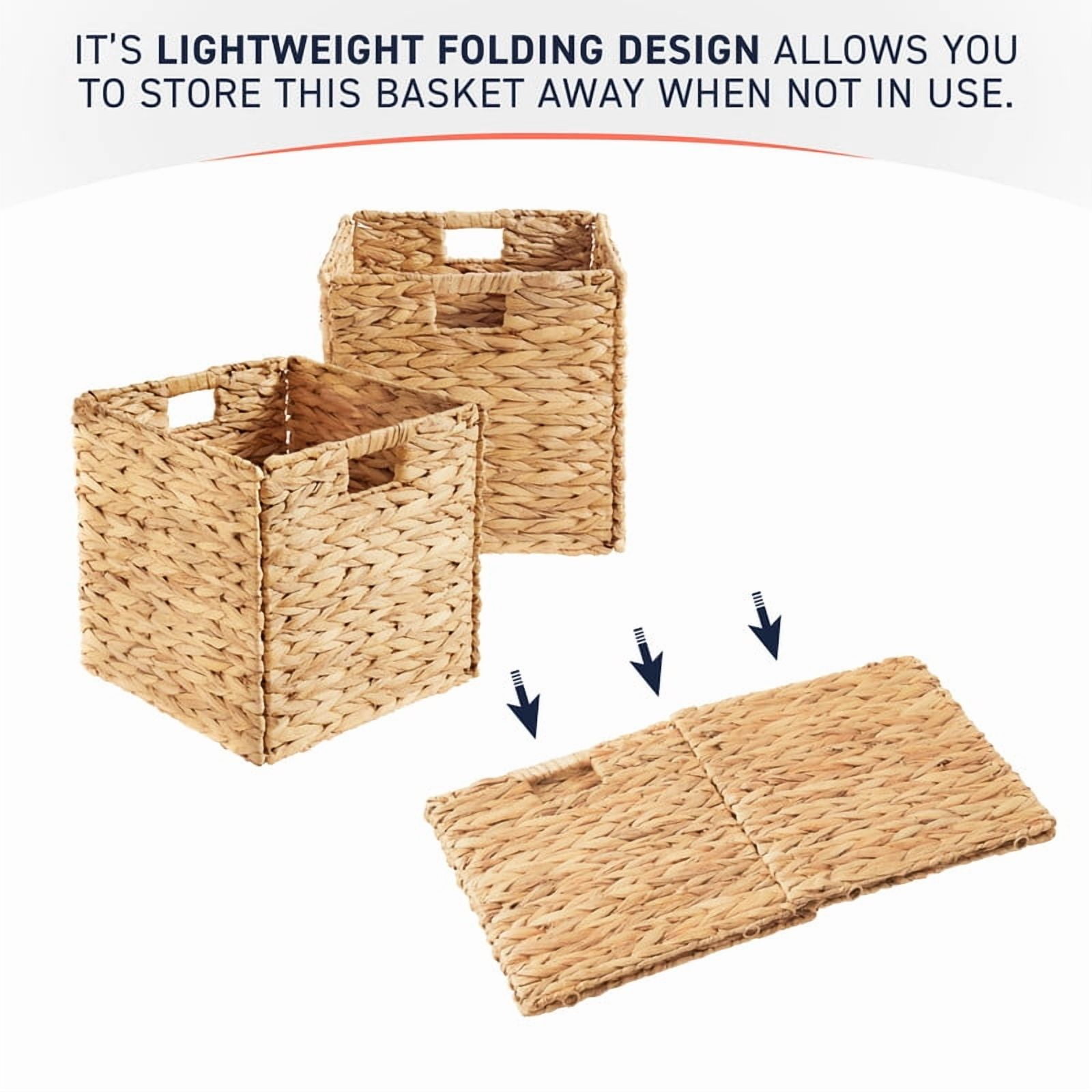 Ornavo Home 10.5 x 10.5 Inch Water Hyacinth Baskets Set of 6 – Handwoven Collapsible Wicker Storage Cube Bins with Handles for Bathroom, Bedroom, Laundry and Pantry - Natural