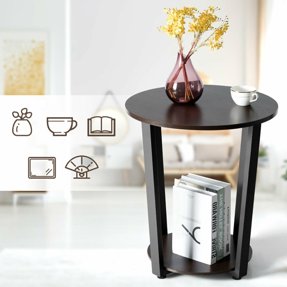 Finihen Round End Table, 2-tier Round End Table with Storage Shelf & Metal Frame, for Living Room, Bedroom, Walnut Finihen Round End Table, 2-tier Round End Table with Storage Shelf & Metal Frame, for Living Room, Bedroom, Walnut