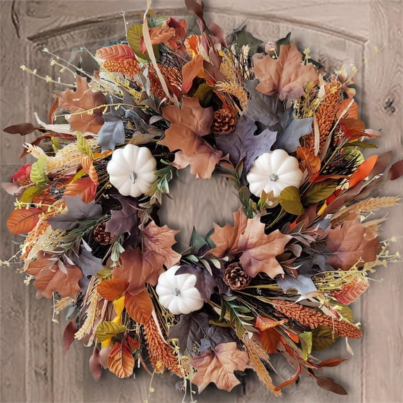 Corona WANNA-CUL de 24 pulgadas para decoración otoñal con calabazas blancas