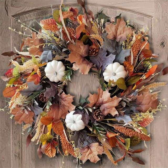 Corona WANNA-CUL de 24 pulgadas para decoración otoñal con calabazas blancas