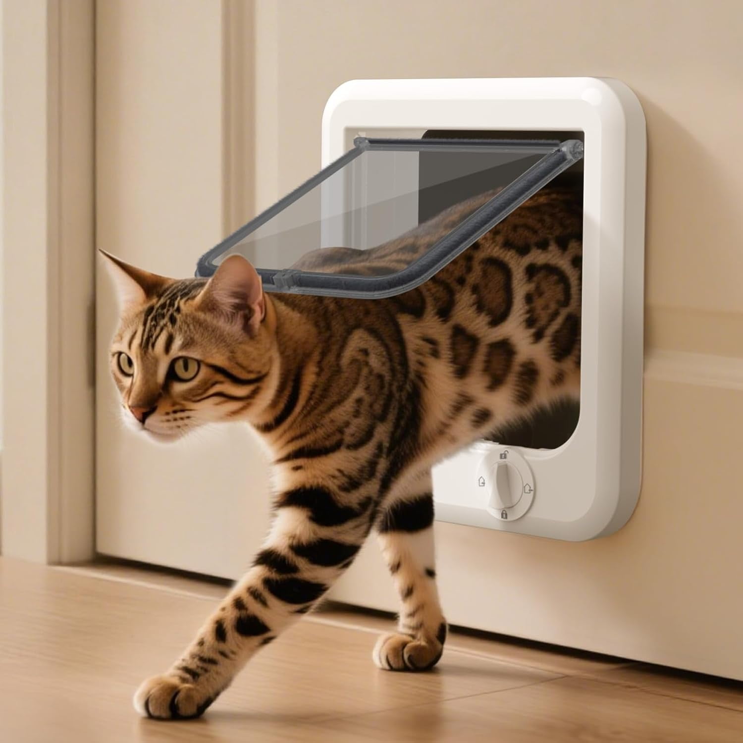 Cat Door Interior Door, Push & Turn 4-Way Lock Indoor Cat Doors, Reinforced ABS Frame Pet Doors for Cats Up to 18 lbs, Easy DIY Installation for Interior and Exterior Doors, Lagre