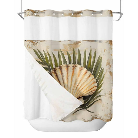 No Hook Shower Curtains with Snap in Liner, Coastal Nautical Waterproof Fabric Shower Curtain, Summer Beach Shell Botanical Retro Double Layers & See-Through Top Window Bathroom Curtains 72''x72''