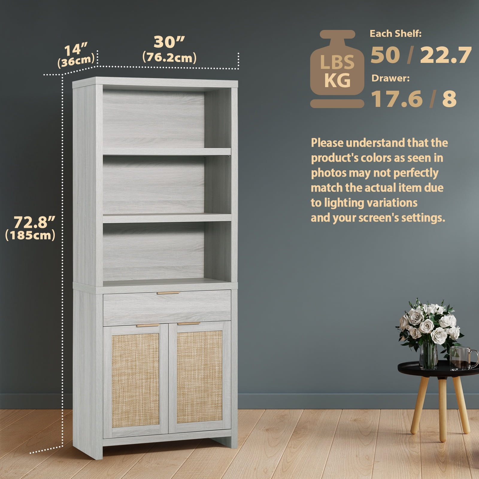 ARKANTOS Rattan Bookcase with Doors, 5 Shelf Adjustable Bookshelf and Storage Cabinet, Mist Oak