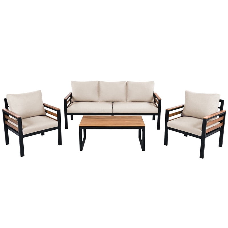 4-Piece Patio Furniture Set with Removable Cushion and Solid Wood Coffee Table, Outdoor Conversation Set with Acacia Wood Armrests & 3-Seat Sofa