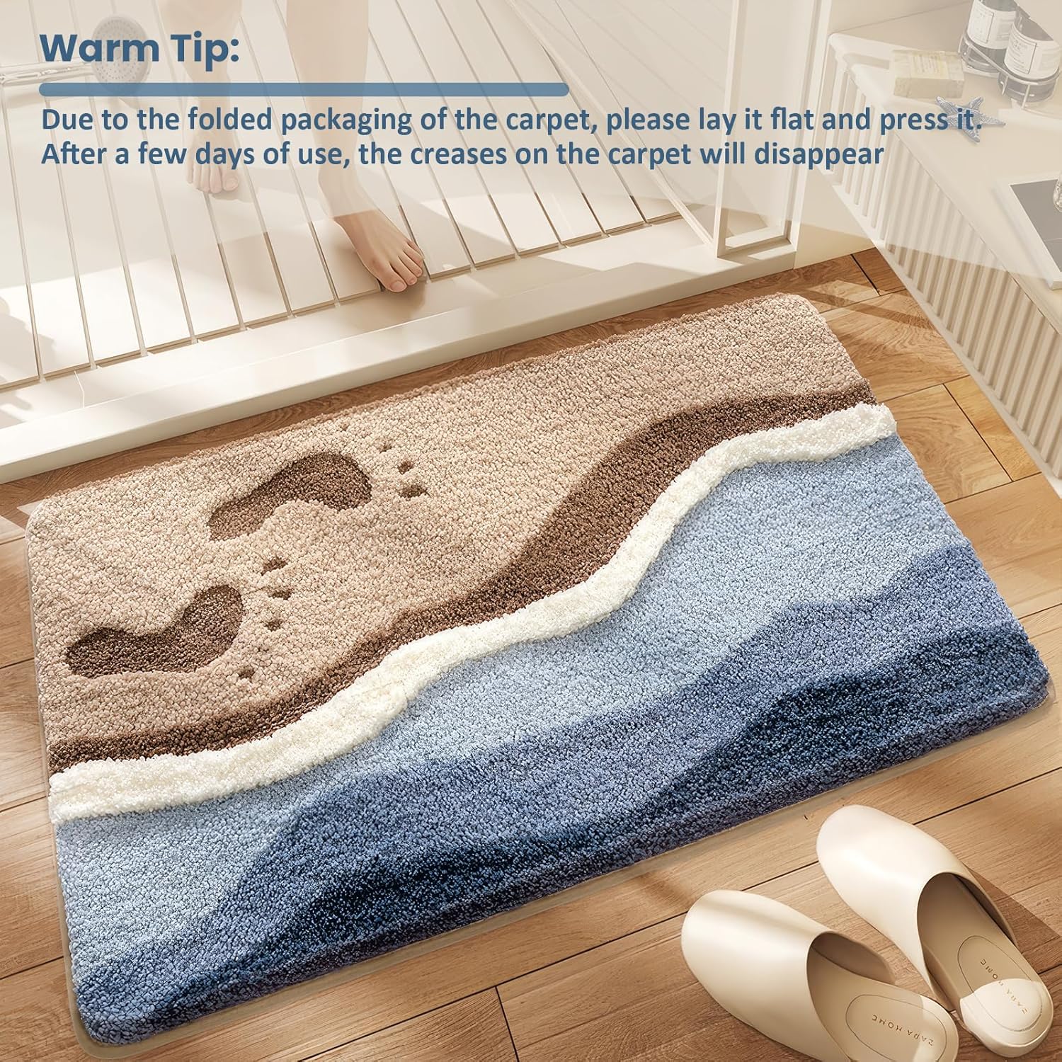 Beach-Themed Plush Bath Mat, Wave Sand & Footprint Non-Slip Rug with Non-Slip Backing, Soft Absorbent Polyester Floor Mat for Bathroom, Machine Washable Bath Mats 20 x 31 Inches