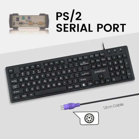 Perixx PERIBOARD-117P Wired PS2 Full Size Keyboard - Big Print Letters - Black - US English