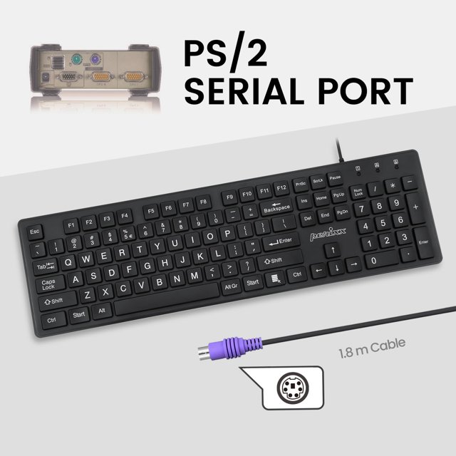 Perixx PERIBOARD-117P Wired PS2 Full Size Keyboard - Big Print Letters - Black - US English
