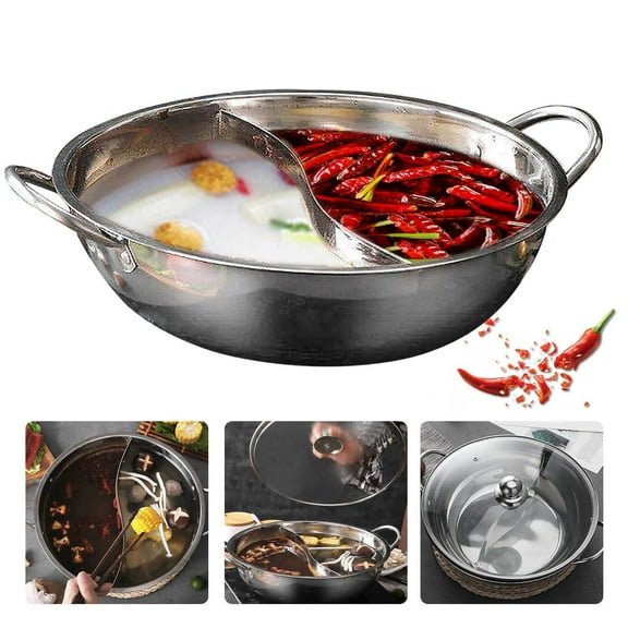 Miumaeov 12'' Shabu Hot Pot Stainless Steel Cookware Soup Pot S-type Stockpot With Divider   Glass Lid