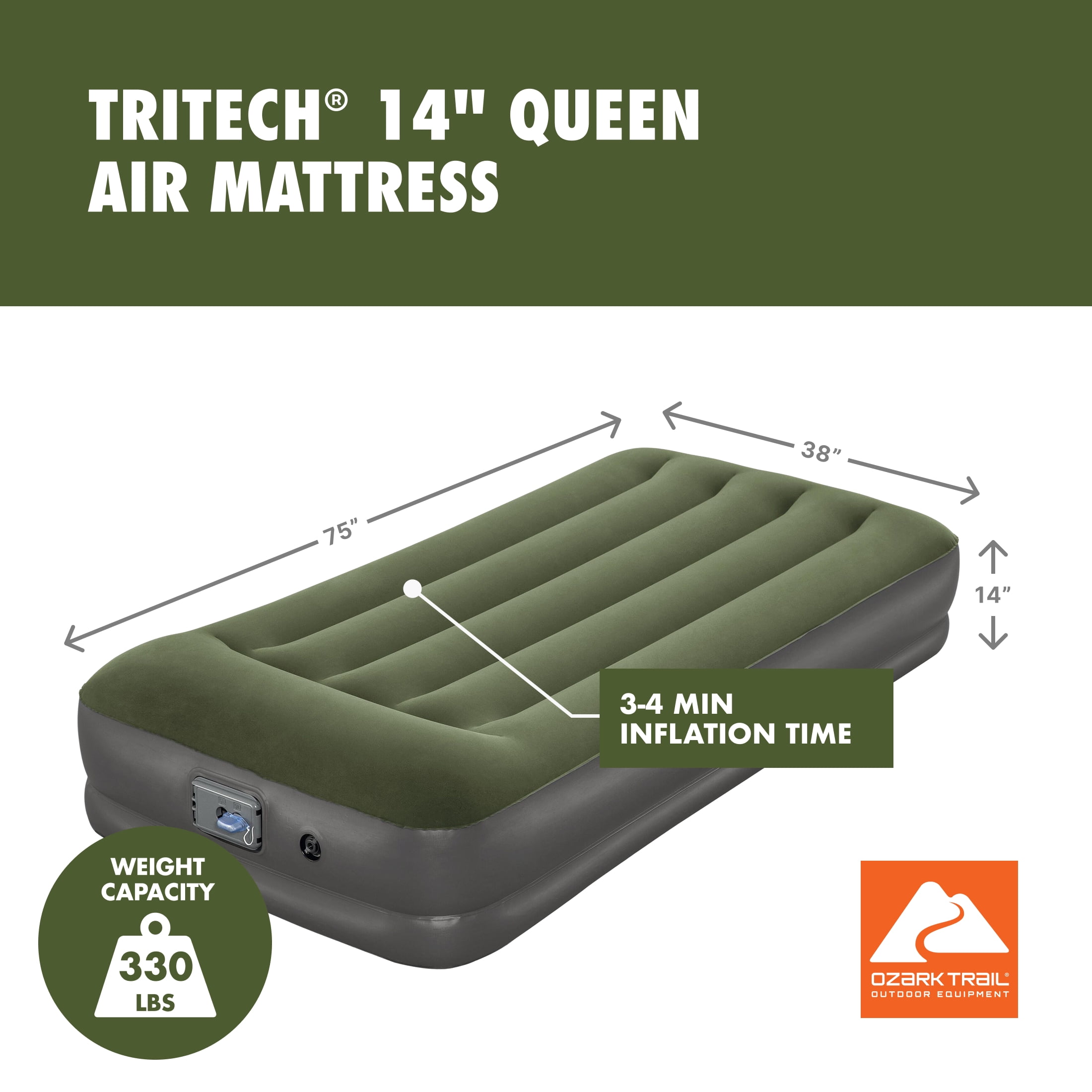 Ozark Trail Twin Air Mattress, Air Bed with Pump, 14 Inch Inflatable Air Mattress, Blow Up Bed
