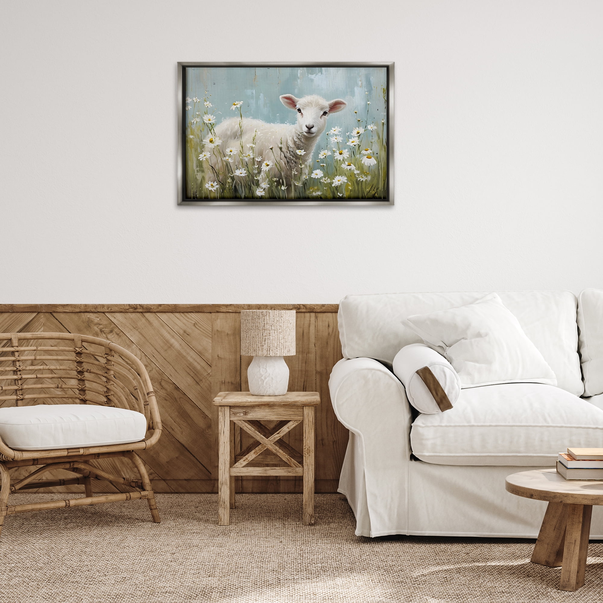 Stupell Industries Lamb Among Daisies Animals & Insects Painting Gray Floater Framed Canvas Art Print Wall Art, 31 x 21