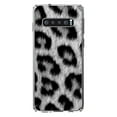 thumbnail image 1 of DistinctInk Clear Shockproof Hybrid Case for Samsung Galaxy S10 (6.1" Screen) - TPU Bumper, Acrylic Back, Tempered Glass Screen Protector - Black White Snow Leopard Fur Print, 1 of 2