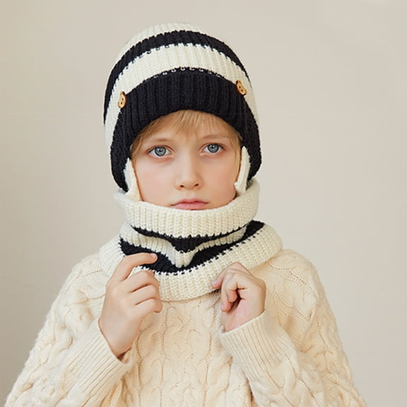 LpwkSSA Kids Winter Hat Scarf Set Warm Knit Thick Stripe Ski Cap Scarf Set For Girls Boys 1-11 Years (White,Free Size)