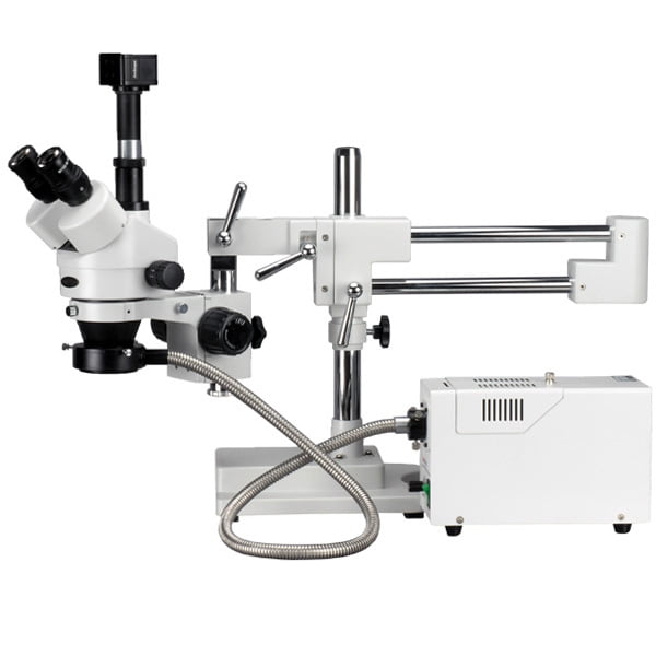 AmScope 3.5X-90X Boom Stand Trinocular Zoom Stereo Microscope with a Fiber-Optic LED Illuminator and 1.3MP Camera