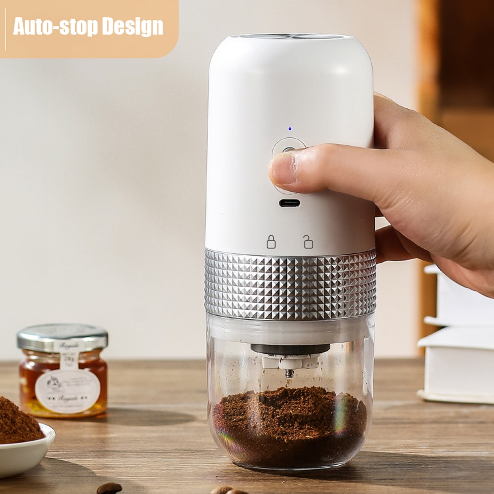 LAZIOEGR White Electric Coffee Burr Grinder, Cordless USB Rechargeable Coffee Bean Mill with Adjustable Coarseness (7.4 x 2.95 in / 18.8 x 7.5 cm), Ceramic Core