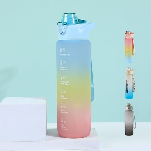 33.8oz Grey Multicolor Water Bottle, Detachable Straw Wide Mouth Motivational & Time Marker with Handle Easy Carried, Suit Travel Office Yoga Gym School Work etc.