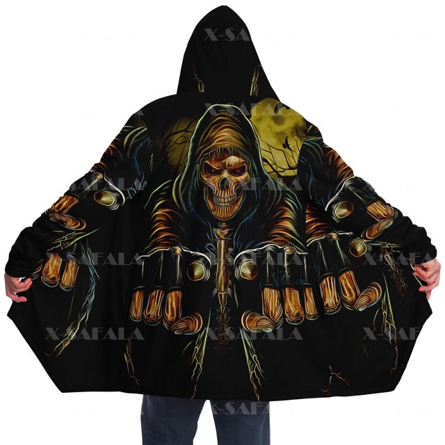 Capa Gruesa y cálida con capucha para hombres, abrigo con estampado 3D de calavera de sangre y muerte, bata de lana a prueba de viento, manta con capucha-4