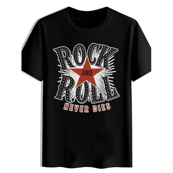 T Shirt Red Five-pointed Star ROCK AND ROLL Printed Men's Casual Round-neck