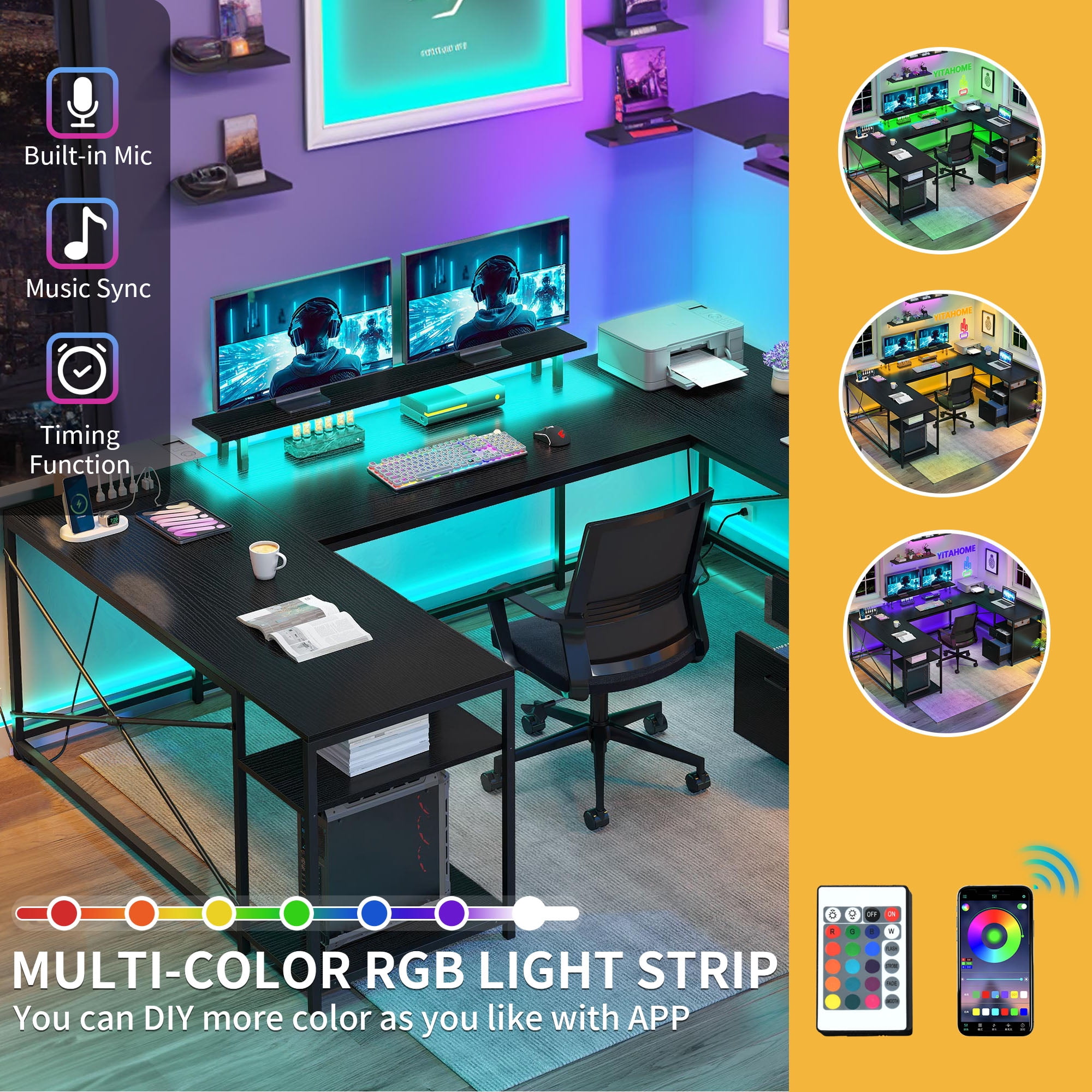 DWVO L Shaped Desk with Power Outlets & LED Lights, Reversible Computer Desk with Drawers & Storage Shelves, Large U Shaped Desk, 2 Person Corner Office Desk for Home Office, Black