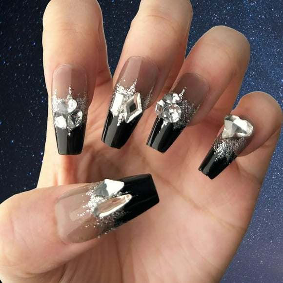 LAICAIW 24PCS Medium Coffin Black Shining Ombre Press on Nails with Diamonds Silver Shimmer False Nails with Adhesive Tabs Ballerina Nails Files