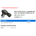 thumbnail image 2 of Mass Air Flow Sensor - Compatible with 2016 - 2019 Nissan TITAN XD 5.0L V8 2017 2018, 2 of 2