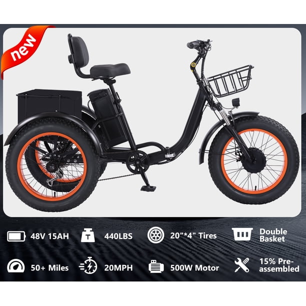 Tricycle électrique 24 Pouces 7 Vitesses – Batterie 48V 18Ah, Autonomie 64 Km, Grand Panier, Pneus Larges, Confort Et Stabilité Pour Adultes