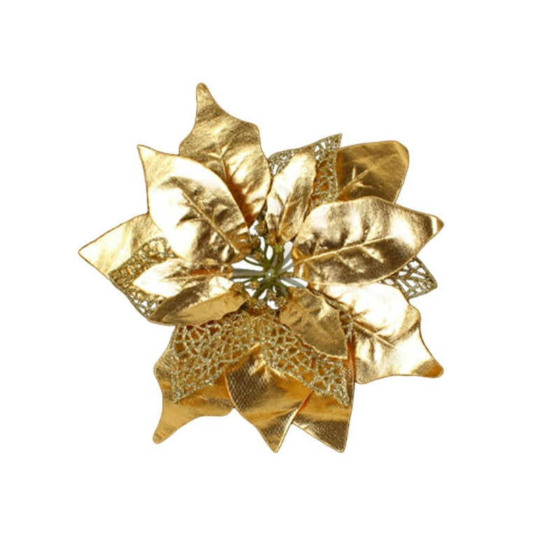 RECUTMS 10 Pcs Christmas Glitter Poinsettia Faux Flowers Christmas Flowers  Decoration Ornaments (Gold)