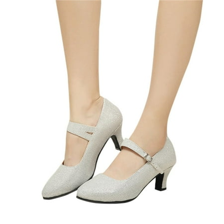 Oyedens Womens Dress Shoes Kitten High Heels for Bride Wedding Glitter Silver Office Ballet Pump Shoes