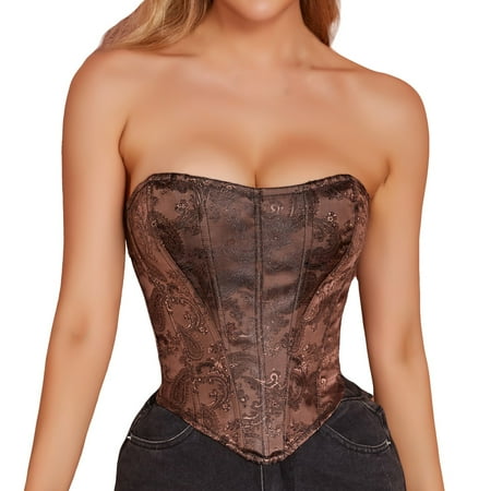 YOTMKGDO Shapewear Tummy Control  Women S Lace Up Vintage Boned Bustier Corset with Garters Lace Up Boned Overbust Corset Bustier Lingerie Bodyshaper (#5 Brown  XL)
