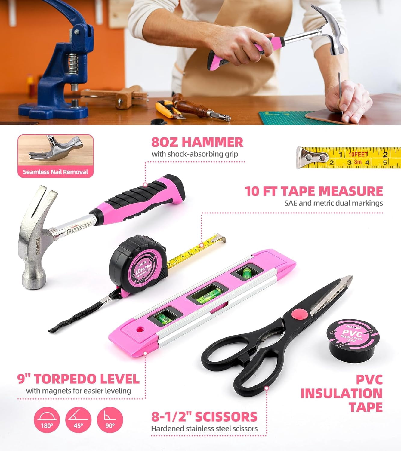 DOWELL 143-Piece Pink Homeowner Tool Set with 3.6V Cordless Screwdriver, Household Hand Tool Kit