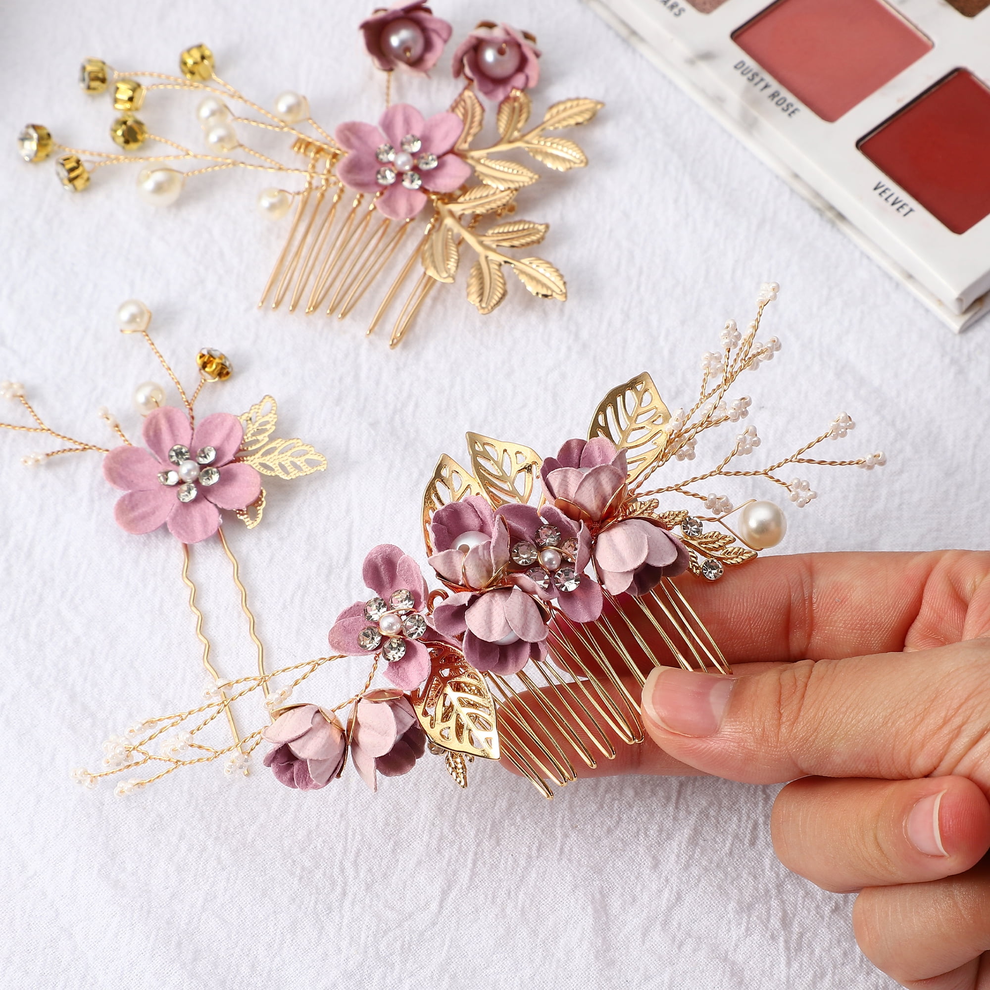 Unique Bargains 4 Pcs Rhinestone Hair Comb for Bride Flower Side Comb Headpiece Purple