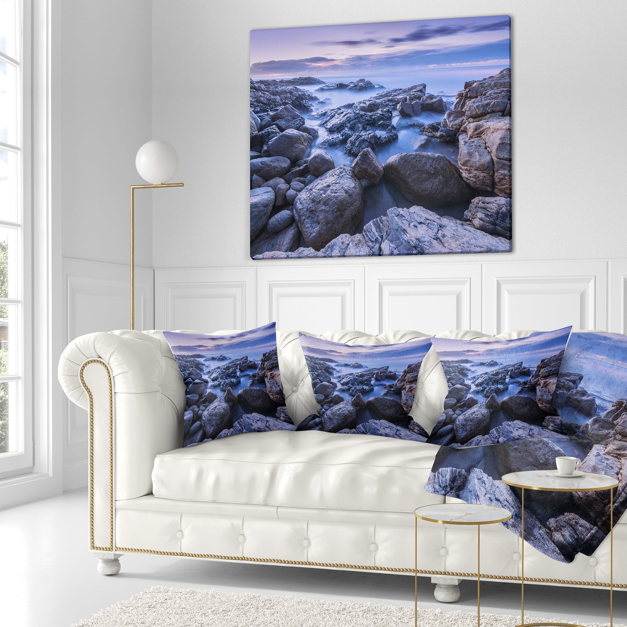 Designart Rocky Blue Seashore in Morning - Modern Seascape Throw Pillow - 18x18