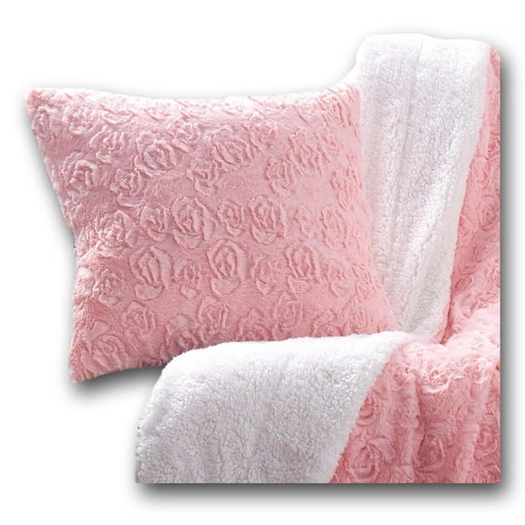 DaDa Bedding Rosey Pastel Blossom Pink Faux Fur Euro Throw Pillow Cover (171752)